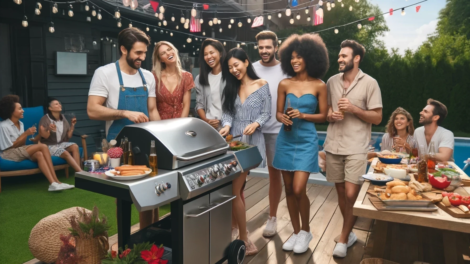Joyful moments and great grilling! Friends gather to celebrate the 4th of July with a backyard barbecue, enjoying each other's company in a festive setting.