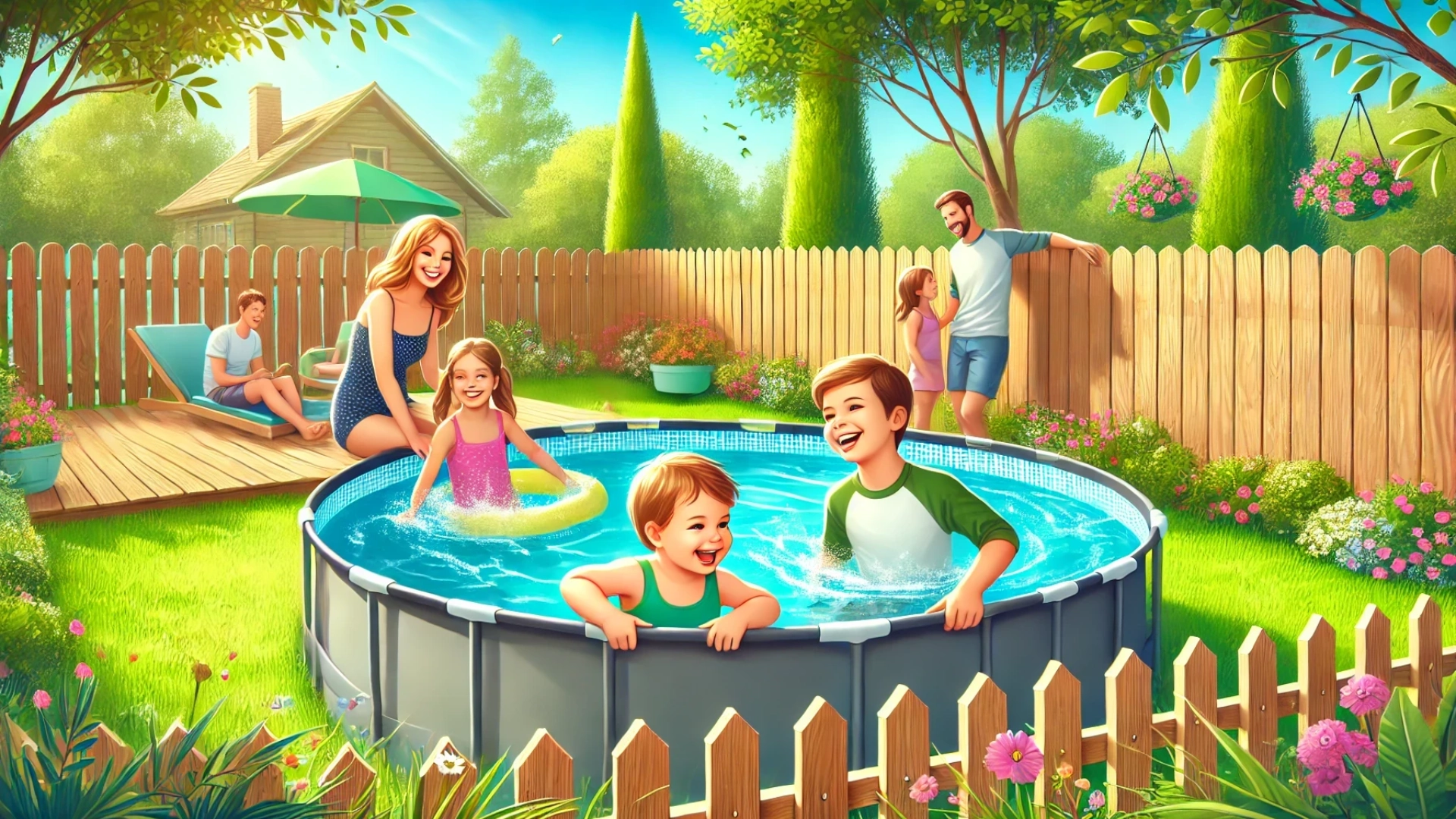 A family enjoying their above-ground pool in their fenced backyard on a bright, sunny day.