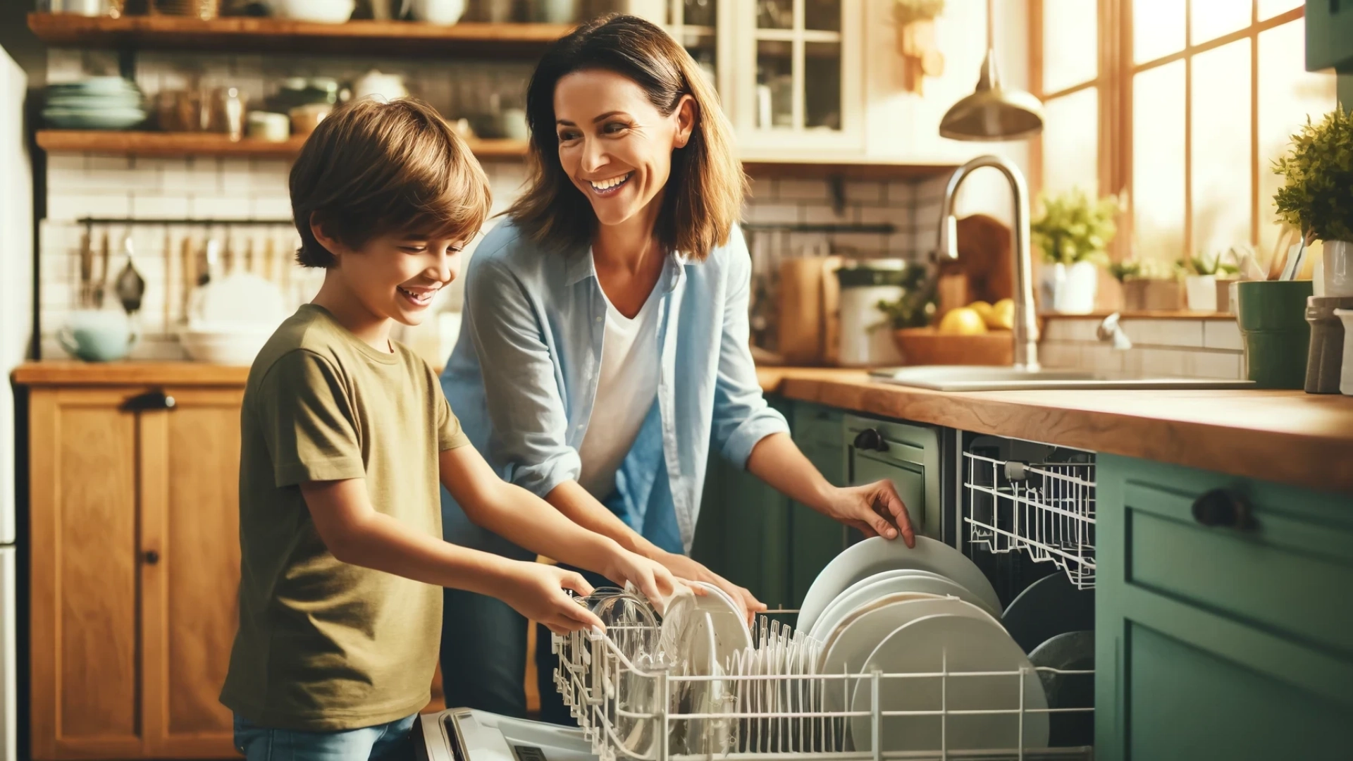 A mother and her son share a happy moment together as they load the dishwasher in their cozy kitchen.