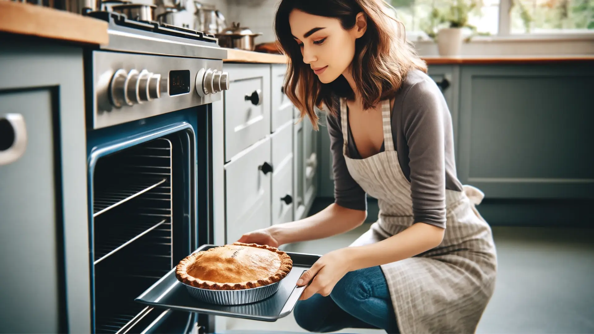 Woman placing an apple pie into pre-heated oven.