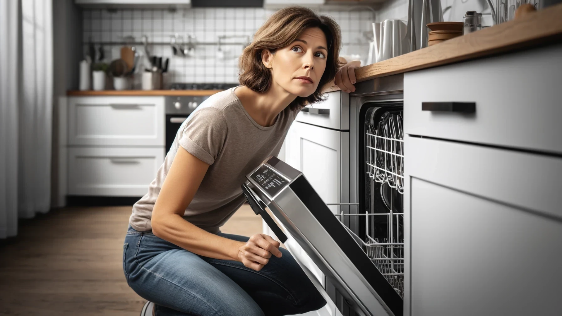 Concerned homeowner carefully inspects her dishwasher, ensuring it's clean and free from mold.