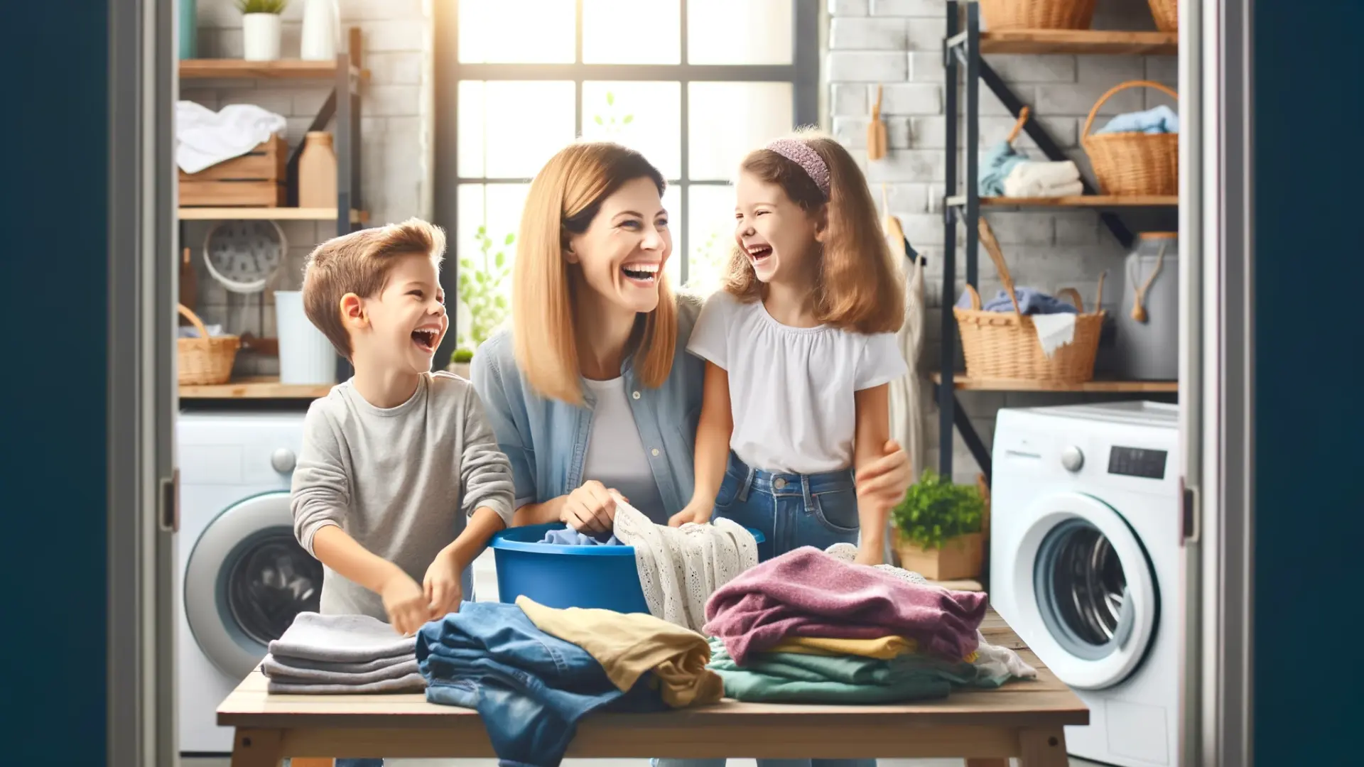 A mother and her two children happily folding laundry in a well-functioning laundry room.