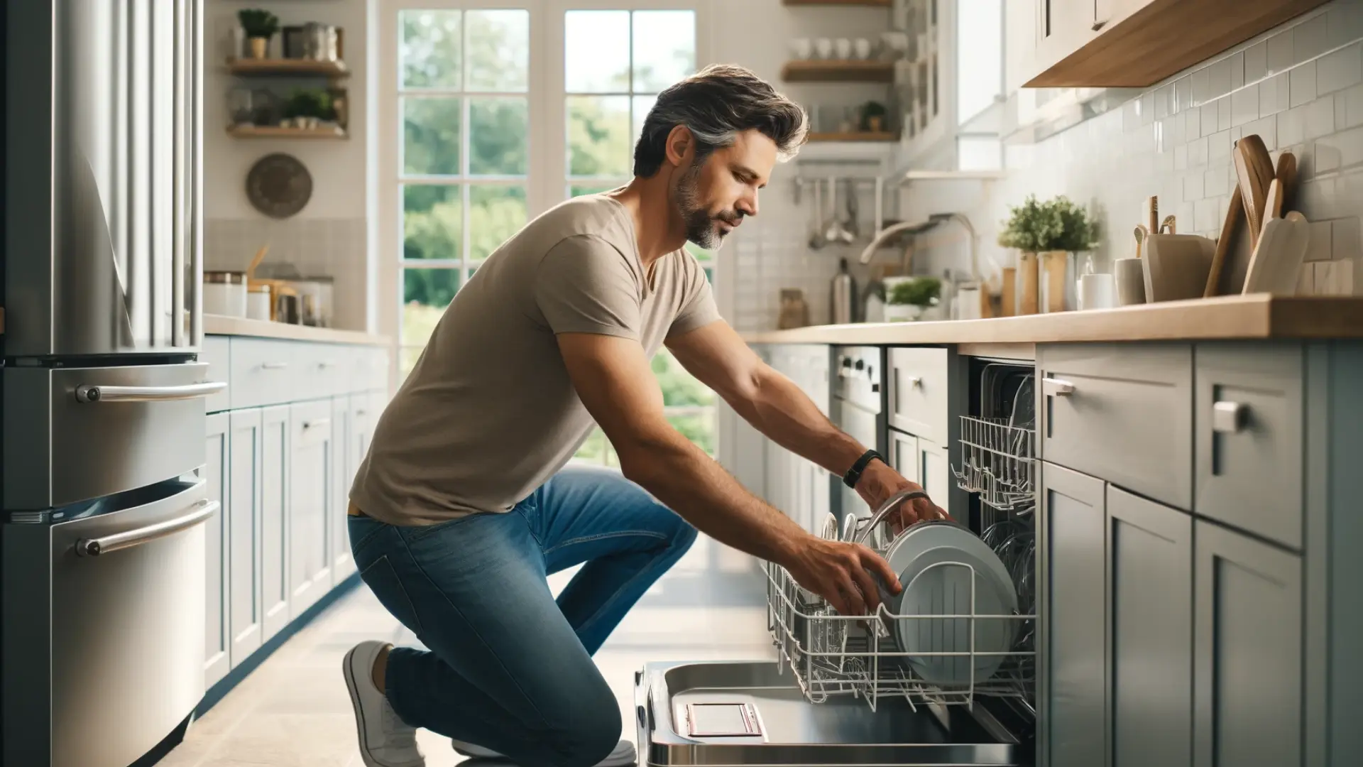 A middle-aged man ensures his dishwasher runs smoothly by loading it correctly, as part of regular appliance care to prevent drainage issues.