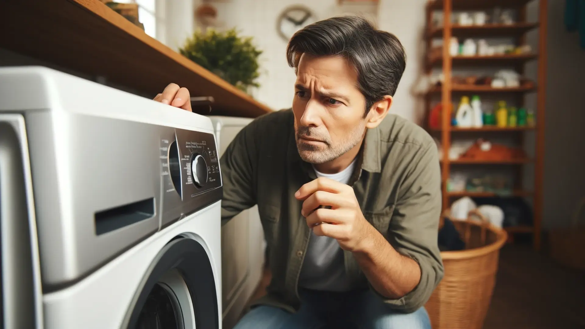 A homeowner looks puzzled as he examines an OE error code on the control panel of a washing machine. 