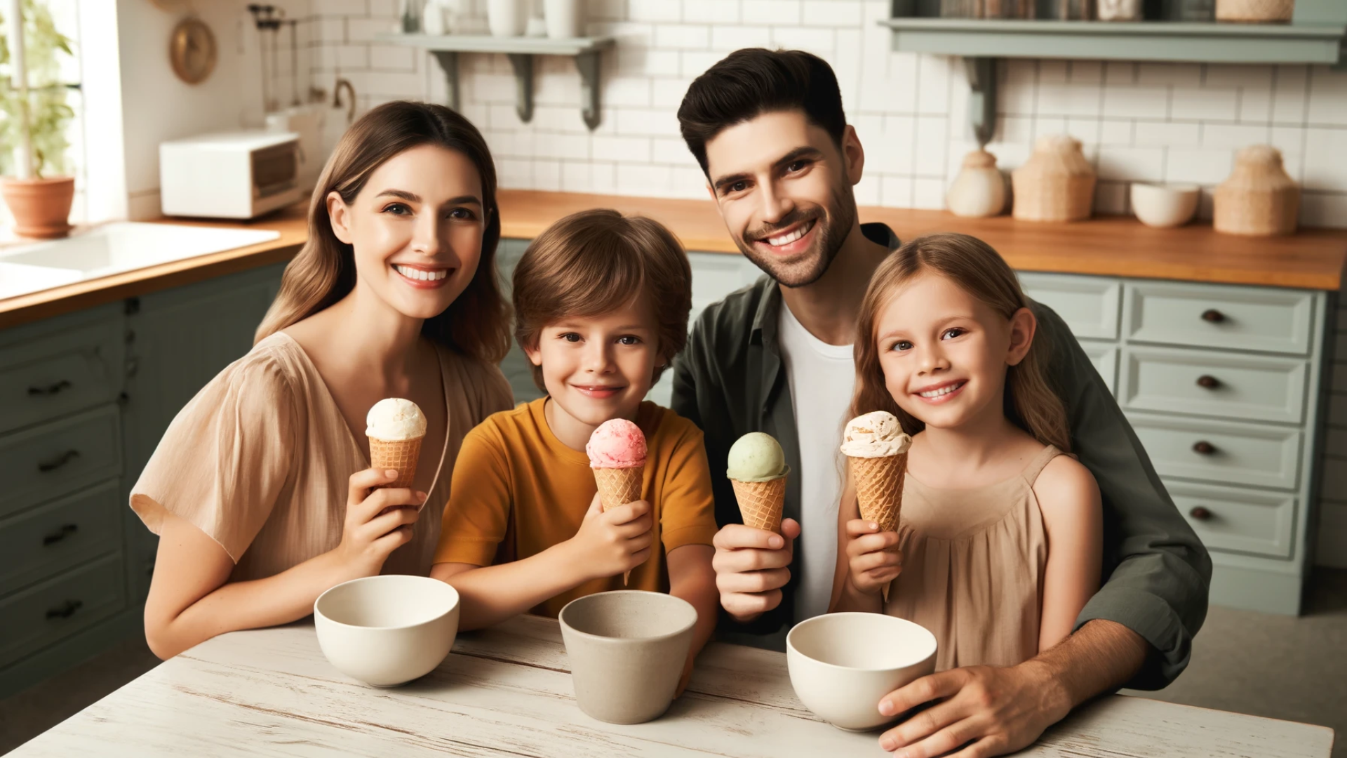 A family enjoys eating ice cream on a summer day.