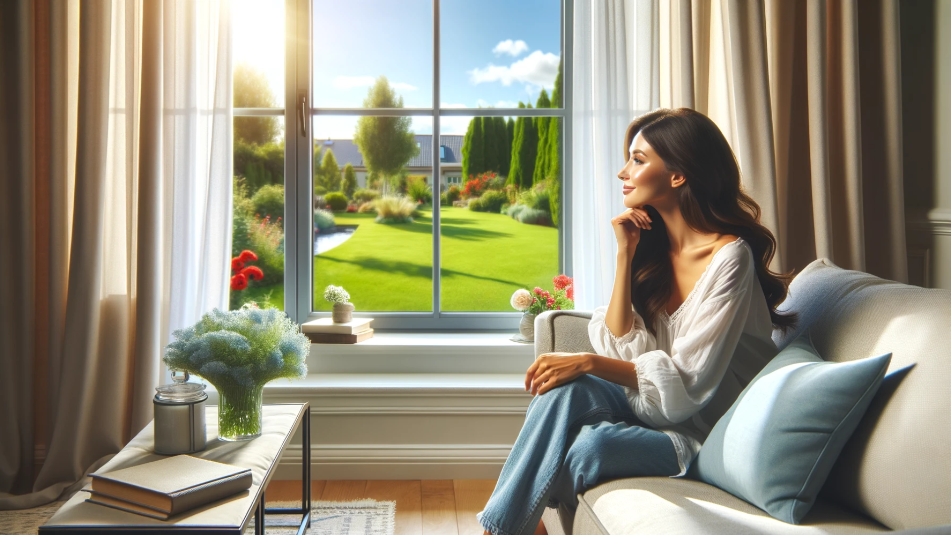 Serene woman sitting comfortably in her living room, looking out a beautiful window at her yard on a summer day.