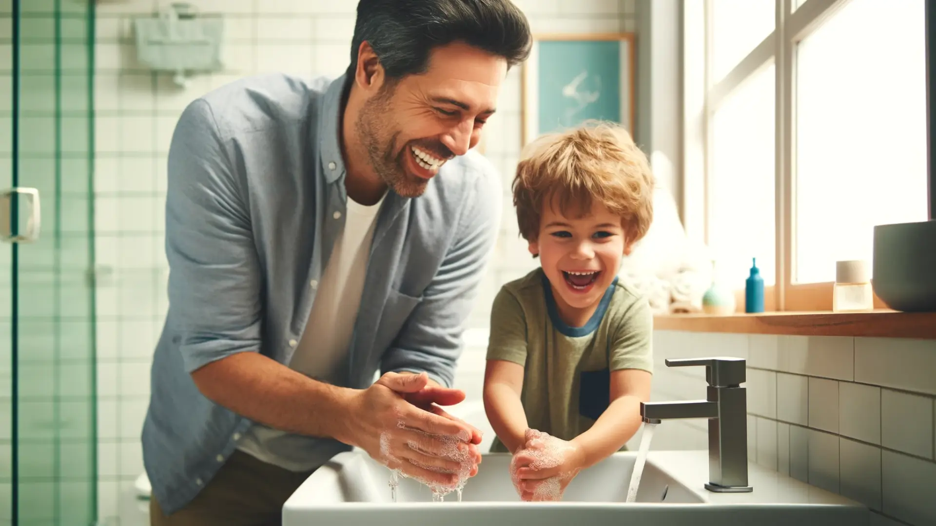 A father and his young son happily washing hands together at a bathroom sink, both smiling and laughing as water splashes around them.