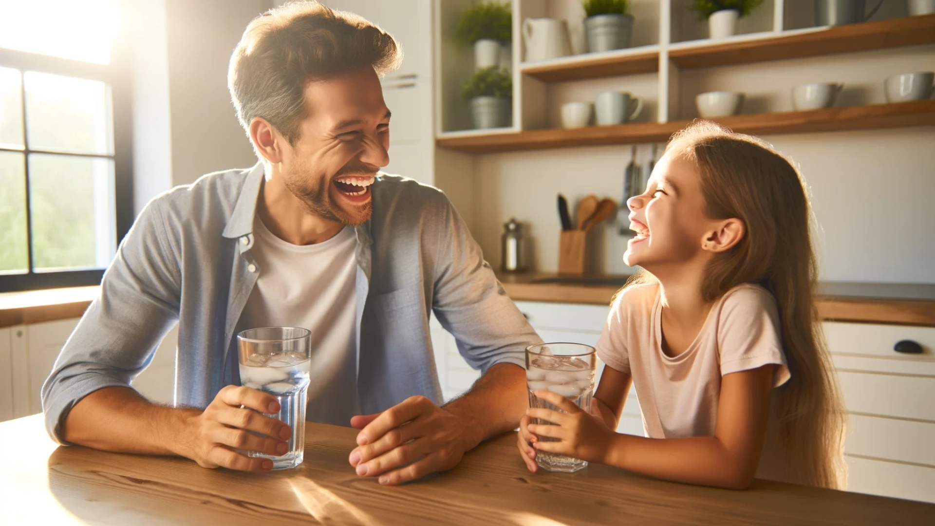 Father and daughter sharing a joyful moment at a kitchen table while drinking a refreshing glass of ice water.