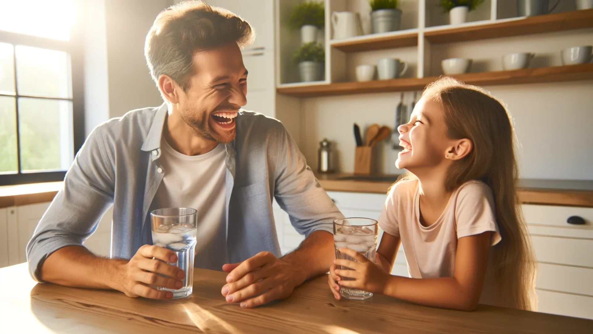 Father and daughter sharing a joyful moment at a kitchen table while drinking a refreshing glass of ice water.