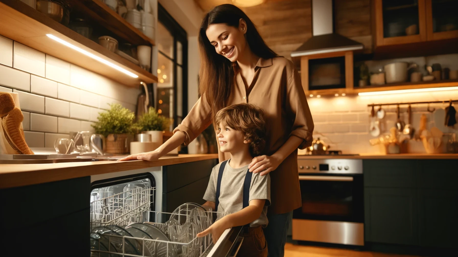 A mother and her child, working together in a warm, cozy kitchen, loading dishes into their dishwasher.