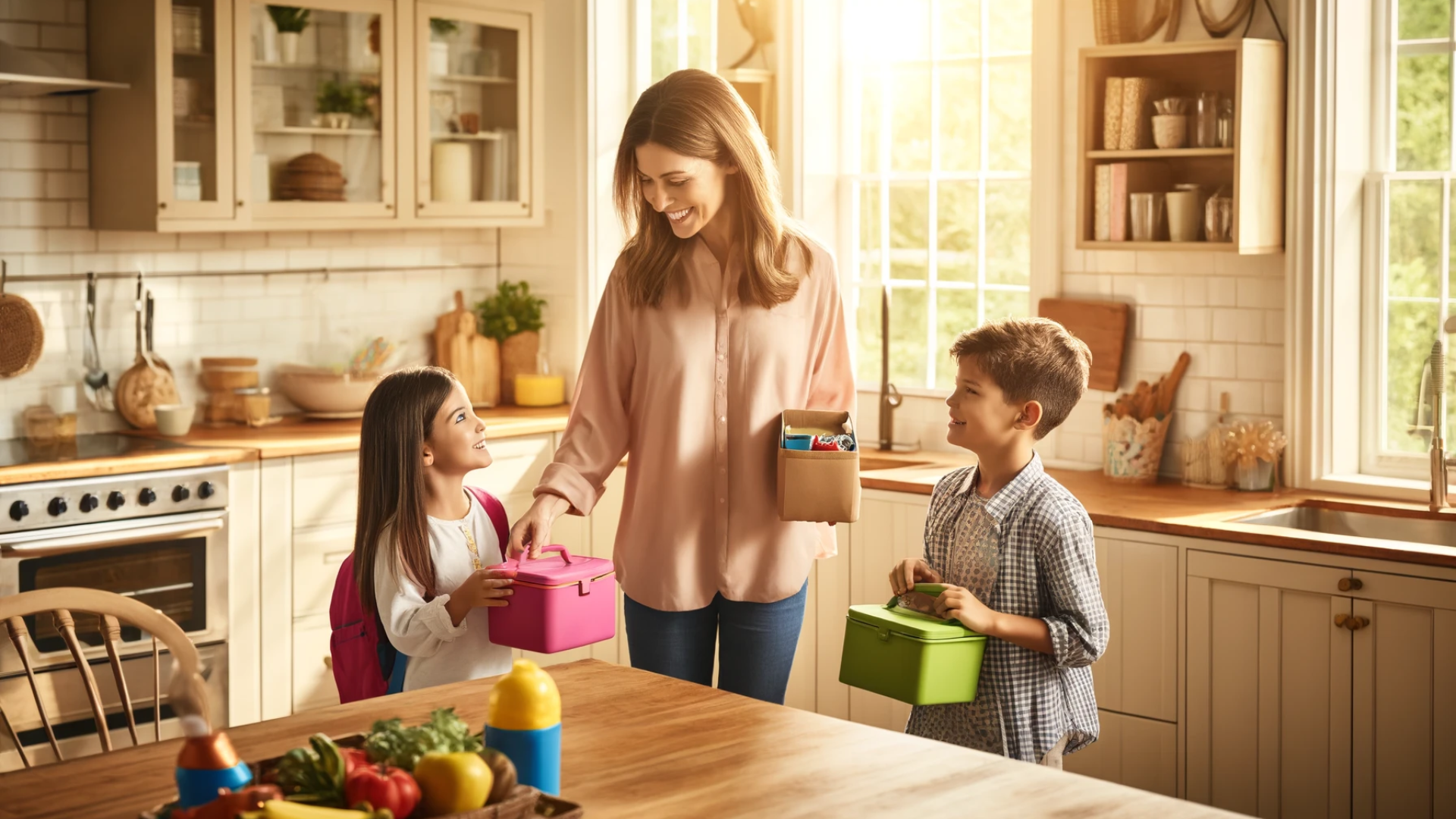 A mother in a sunny, modern kitchen hands out colorful lunch boxes to her two excited children, a boy and a girl, as they prepare for school.