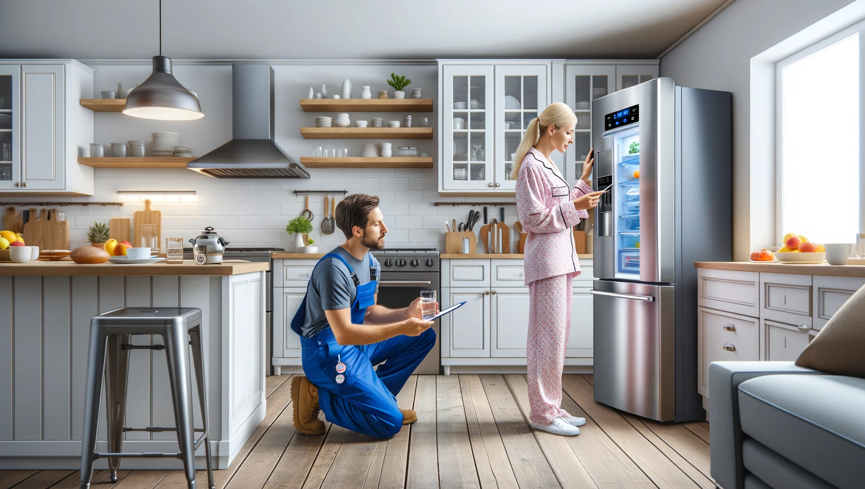 A homeowner and technician troubleshooting a refrigerator not working problem.