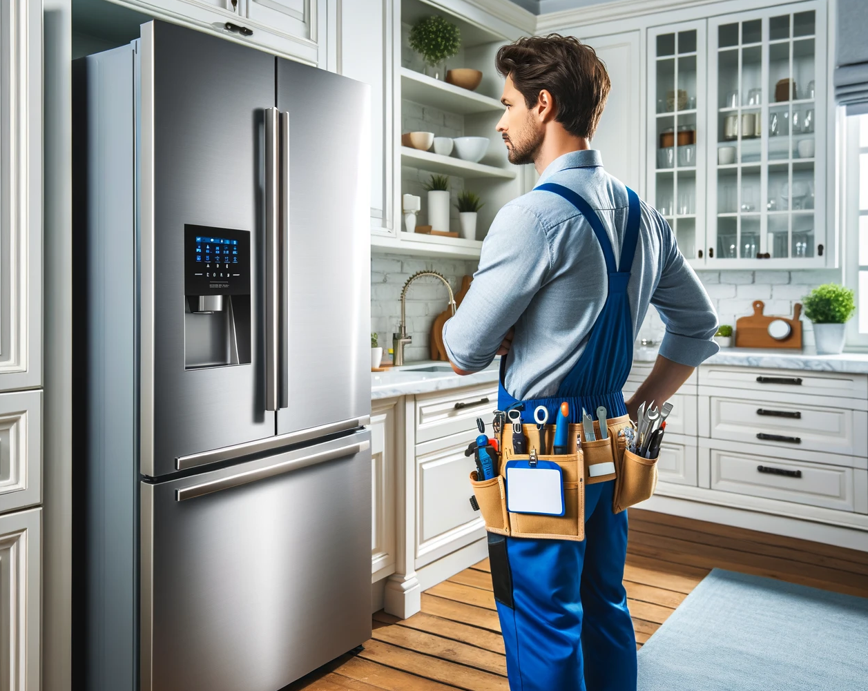 A technician performs maintenance on a kitchen refrigerator as part of a plan to save energy and money during the holidays.