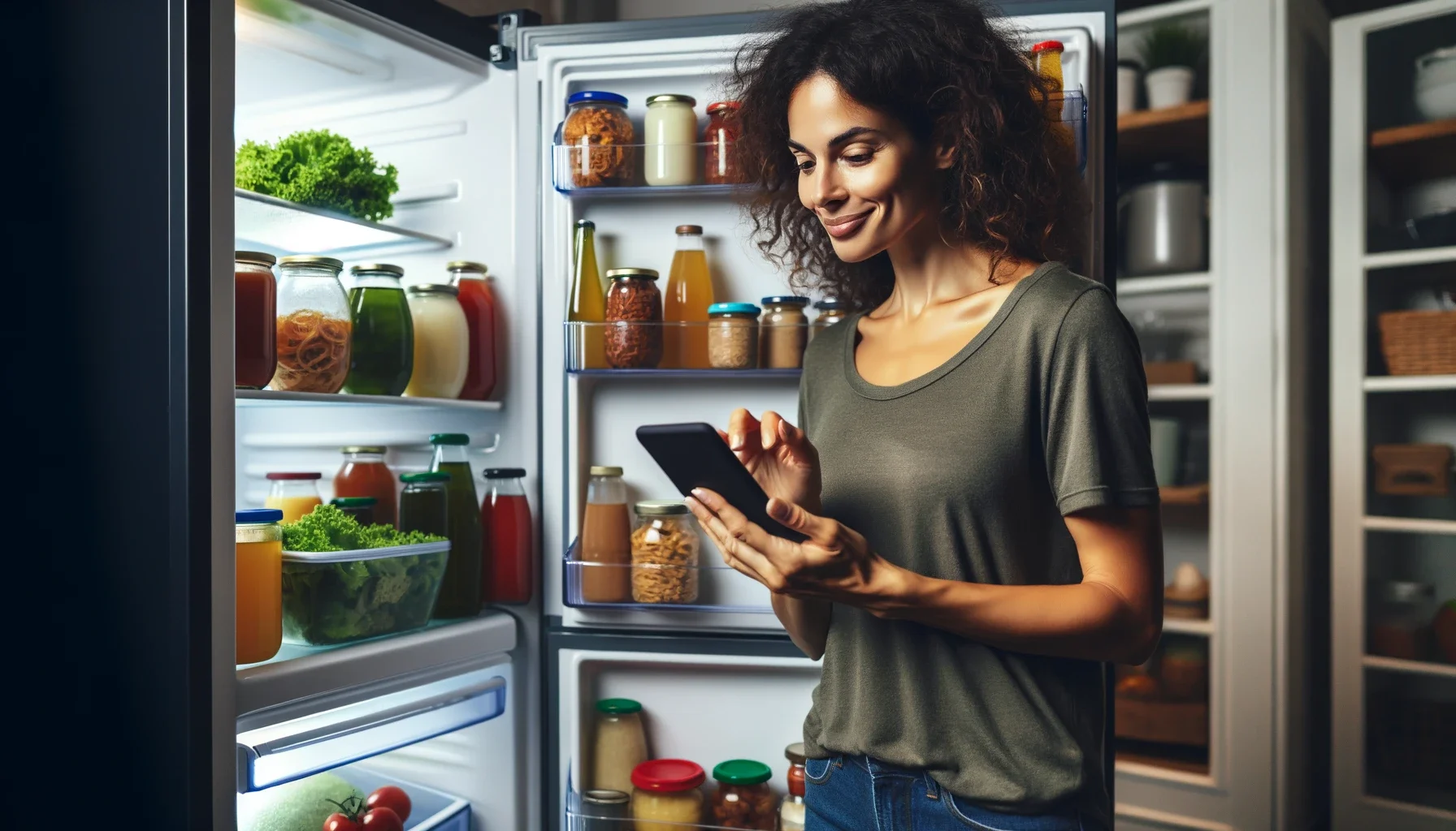 Homeowner using a smart device with the refrigerator.