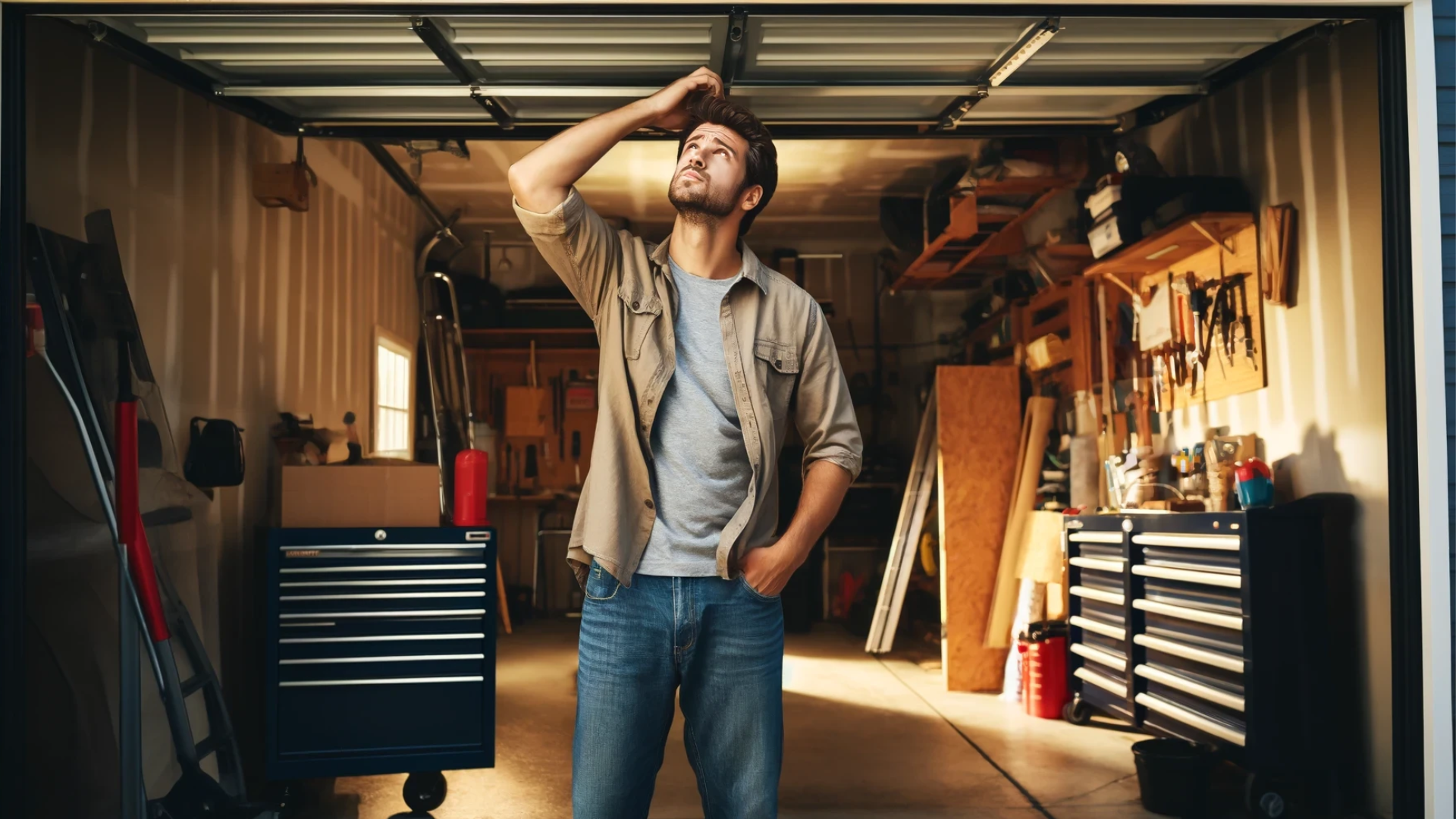 Homeowner ponders the mysteries of a malfunctioning garage door.