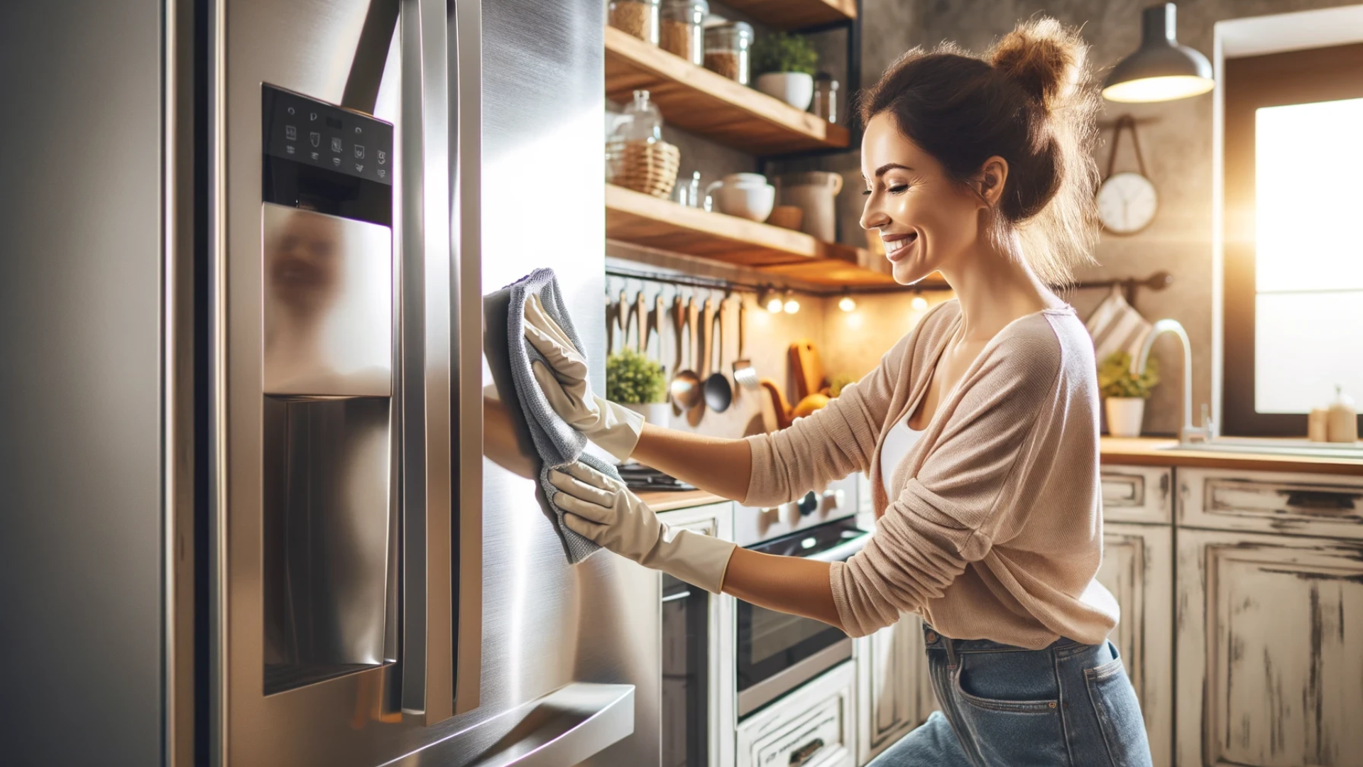 A homeowner gently wipes away smudges from the surface of her refrigerator's door.