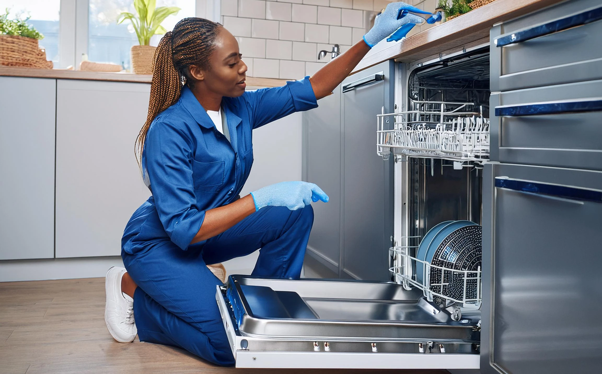 Service technician fixing a dishwasher