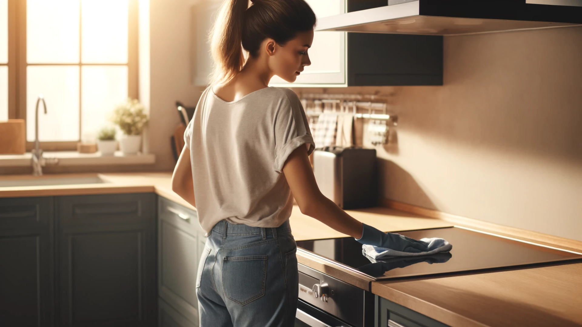 A homeowner gently cleans her stovetop.