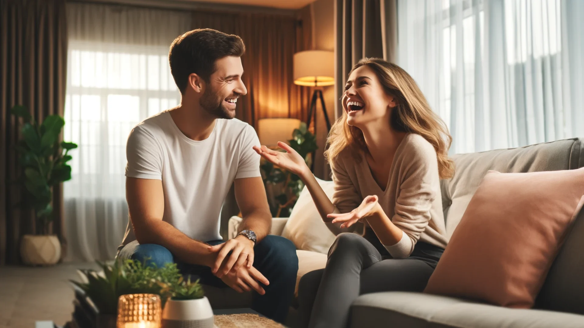 A young couple enjoying a cool, comfortable summer at home.