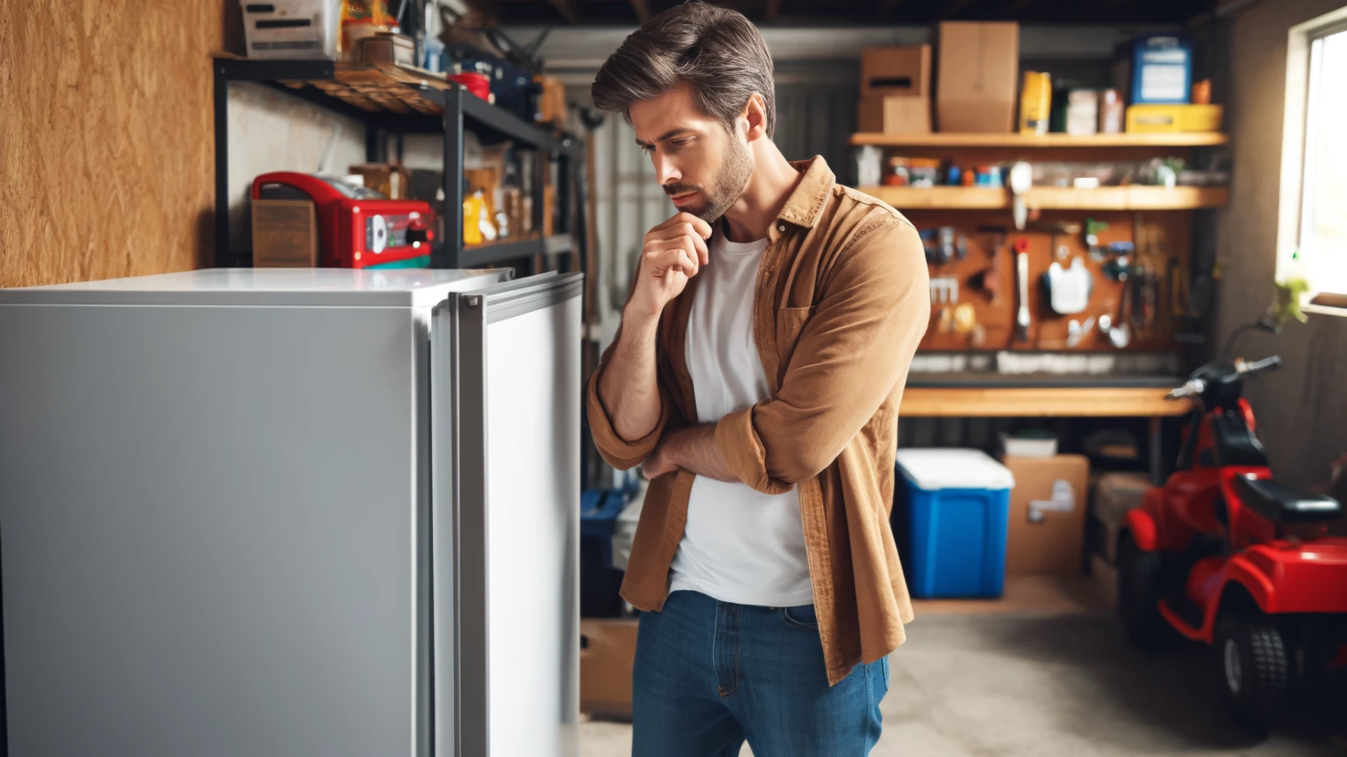 A homeowner thoughtfully examines his upright freezer.