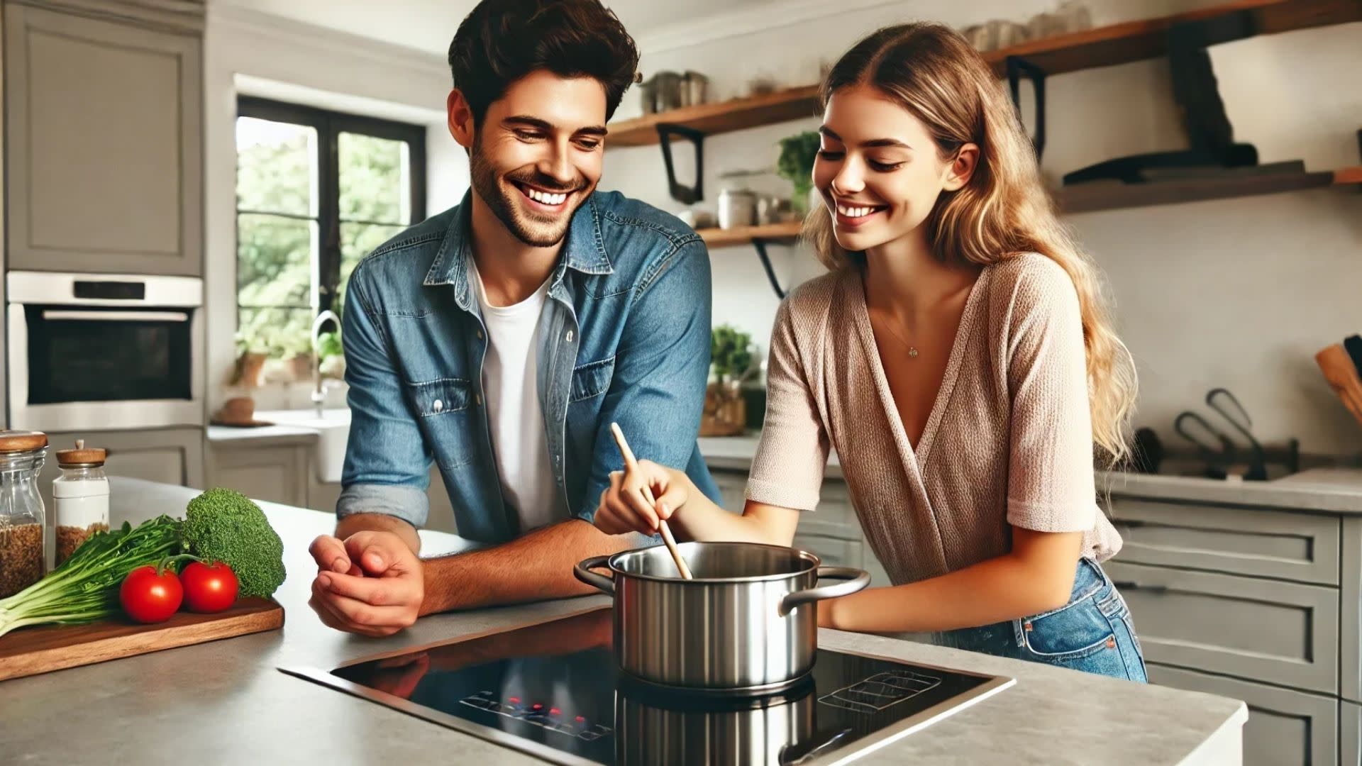 A young couple cooking a quick meal on their induction cooktop