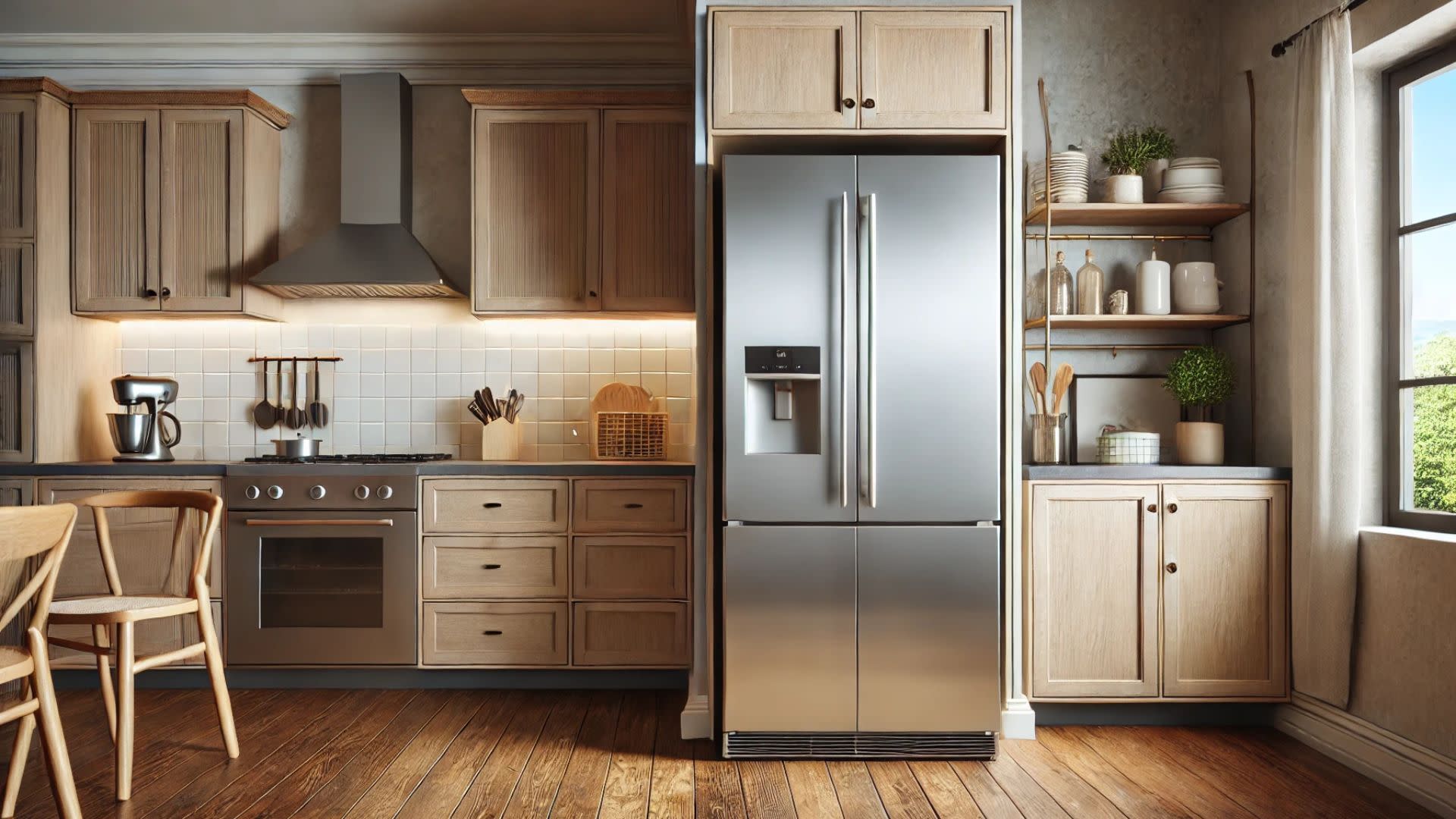 A stainless-steel refrigerator in a modern kitchen