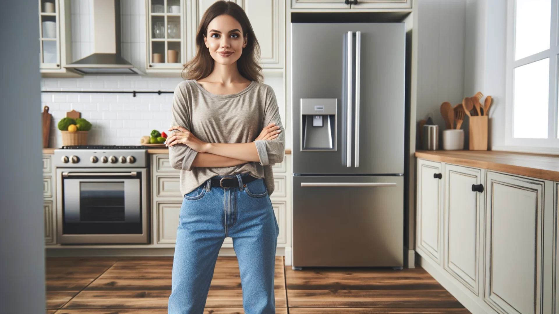 A homeowner feeling accomplished after conquering the dust that had gathered on her refrigerator's coils.