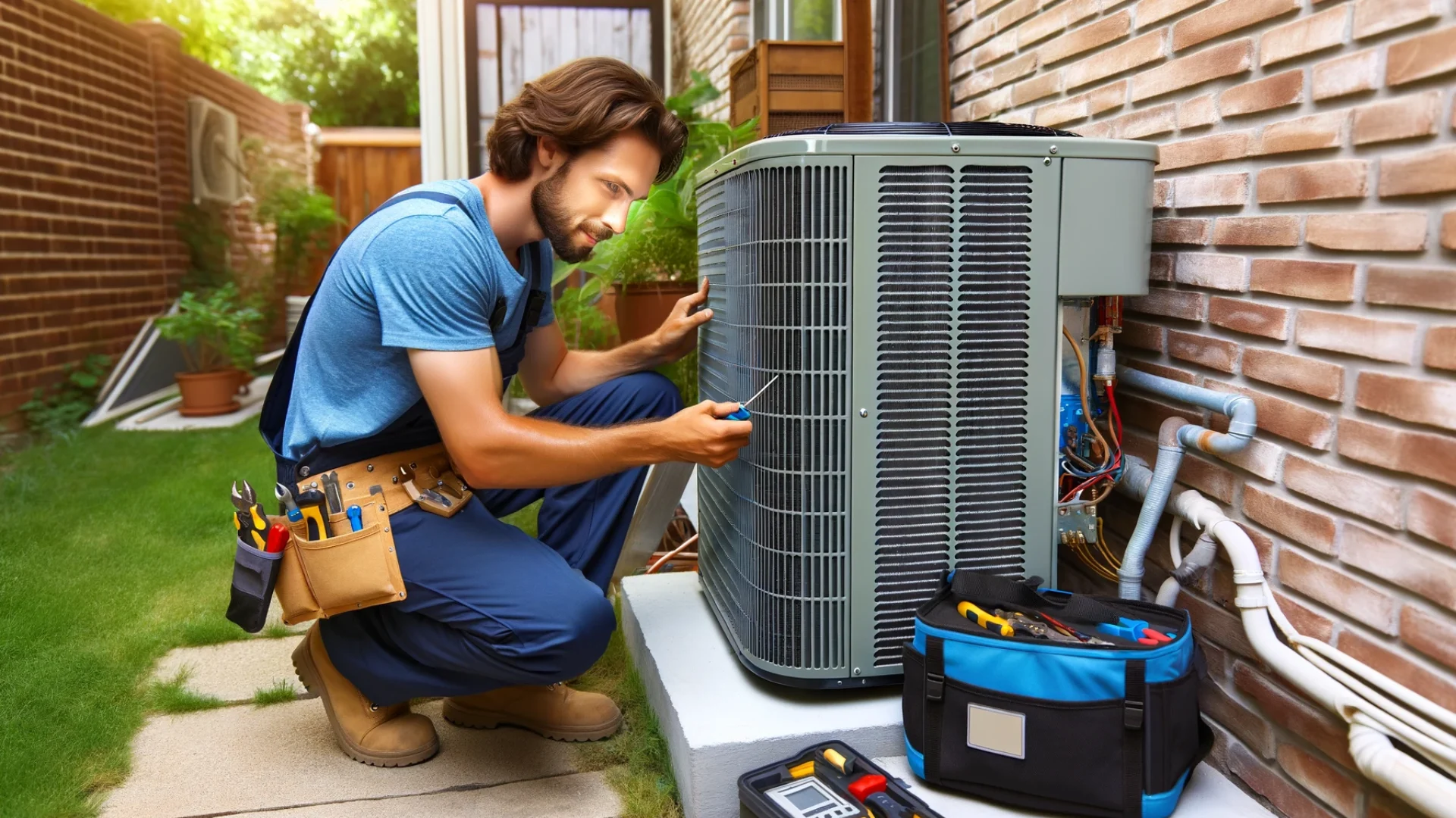 A professional HVAC technician inspects the condensing unit of a central air conditioner to determine if a new compressor is needed..