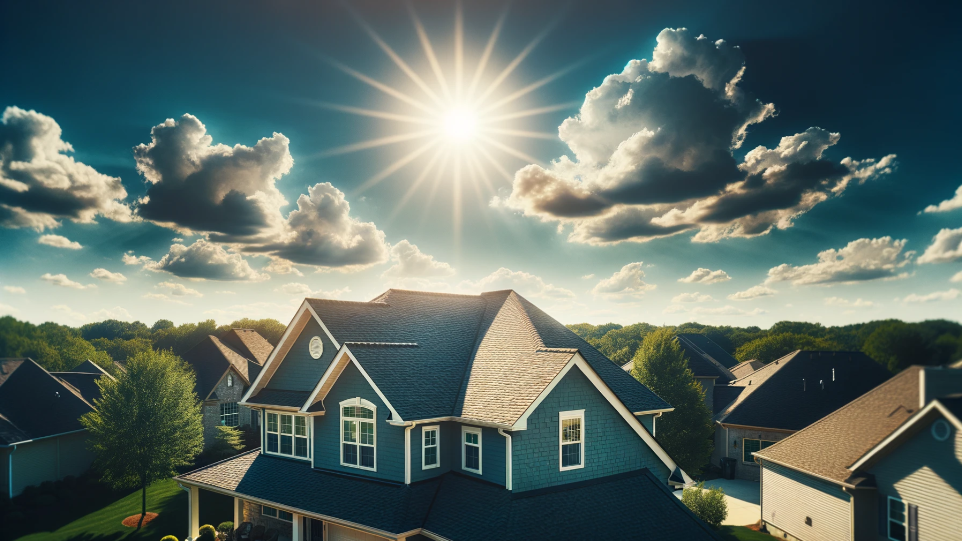 A new roof basks in the glow of a perfect summer day, protecting the home below.