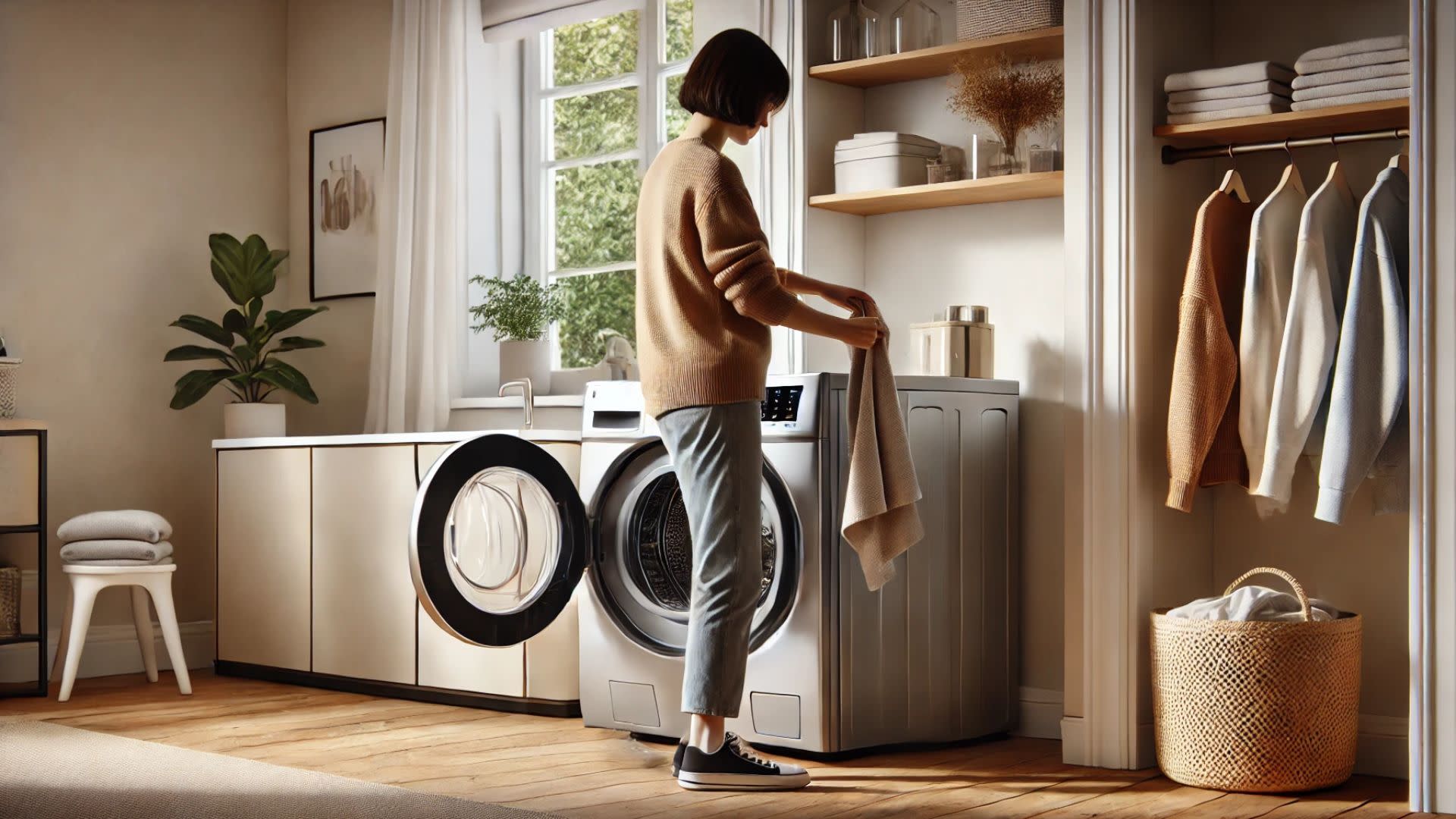 A homeowner uses an all-in-one washer dryer to do her laundry.