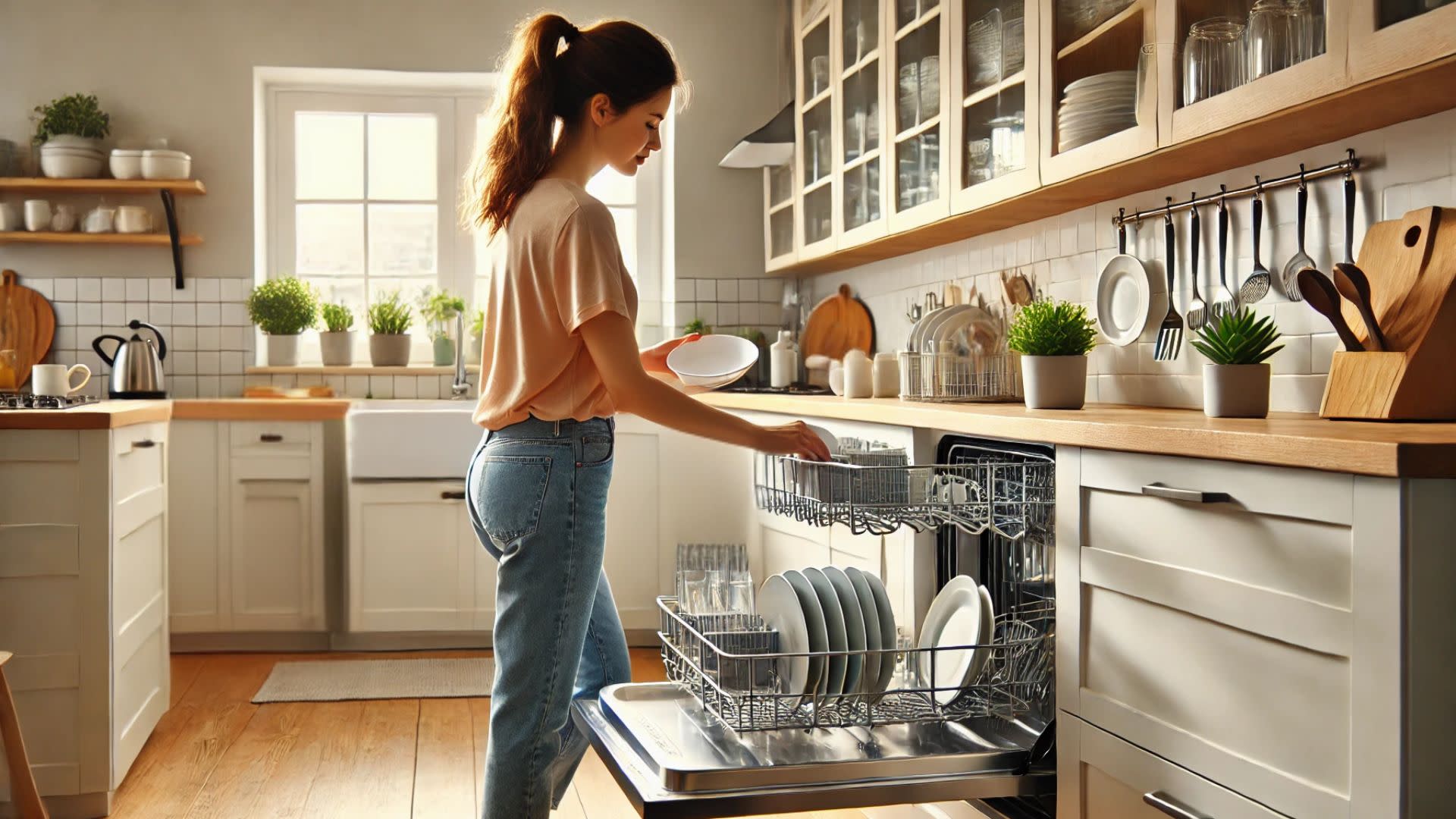 A mother putting dishes into a dishwasher in a bright, modern kitchen.