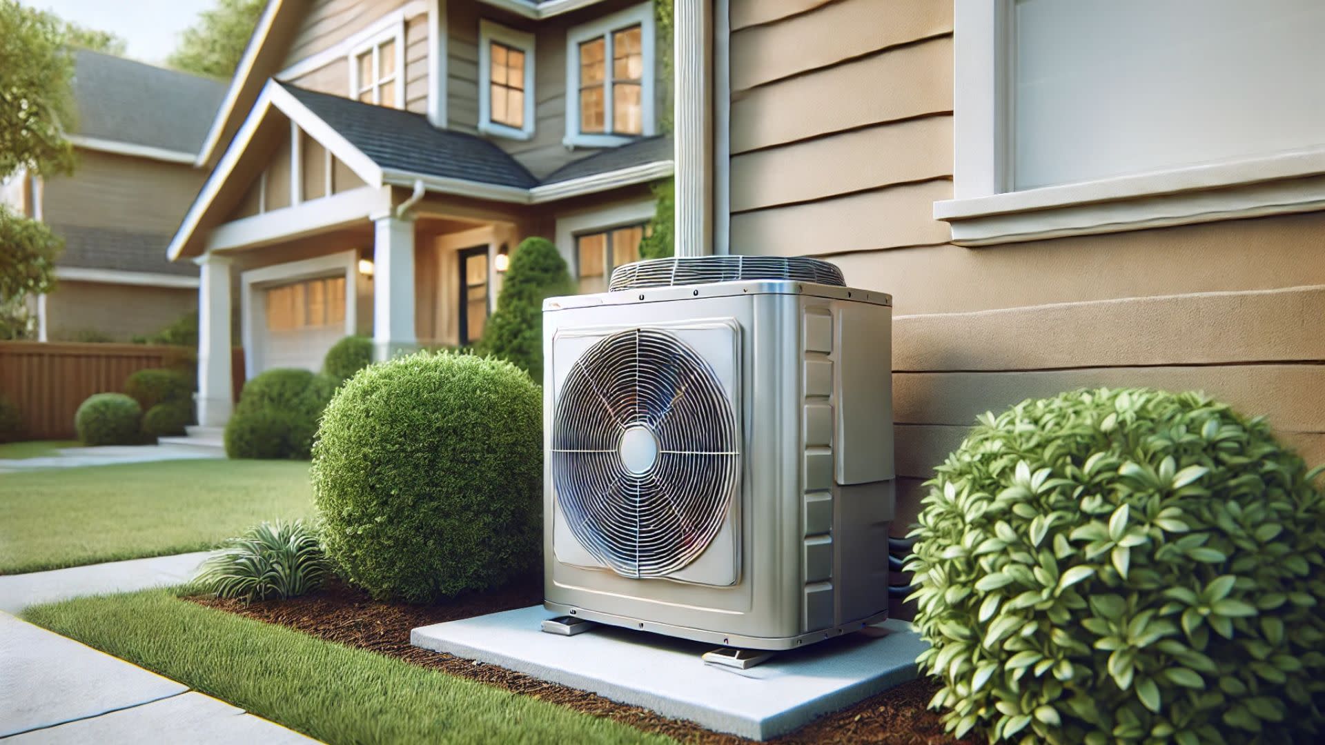 The condensing unit of a central air conditioner outside of a suburban home.