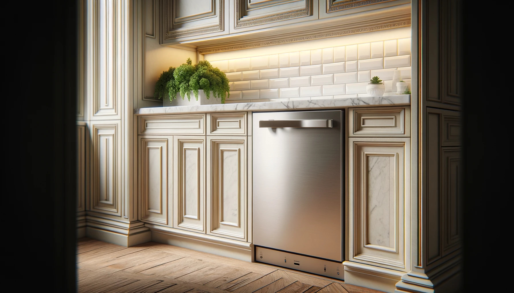 Modern kitchen with a stainless steel dishwasher installed under marble countertops, highlighting a potential issue of dishwasher not filling with water.