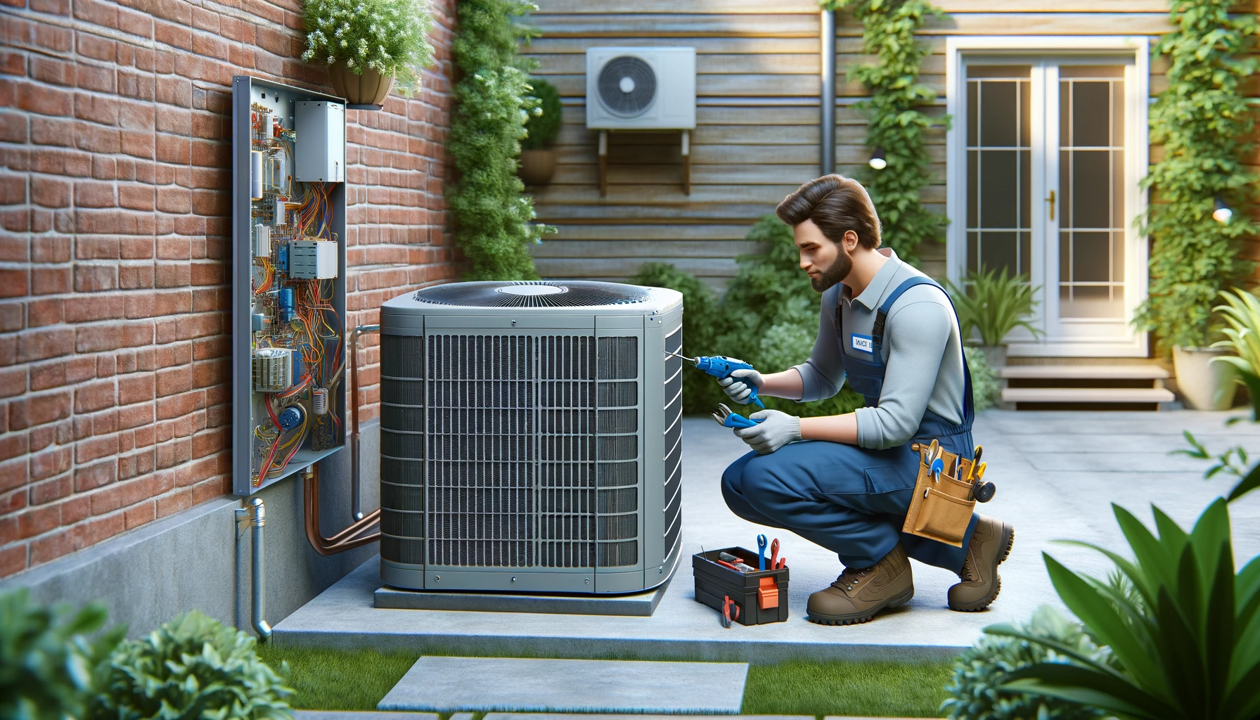 Air conditioner unit sitting on grass by brick wall