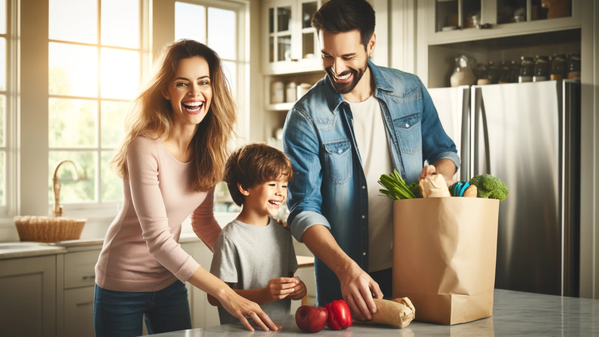 A happy family putting groceries away in their cheerful, modern kitchen.