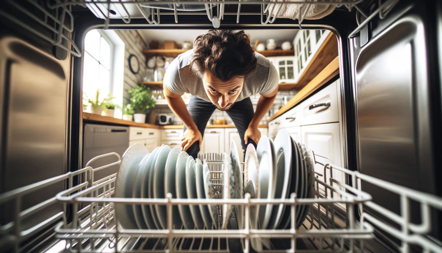 A homeowner about to perform easy DIY dishwasher maintenance.