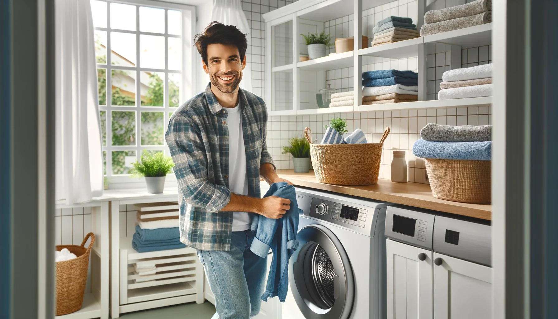 Mom and son do laundry together