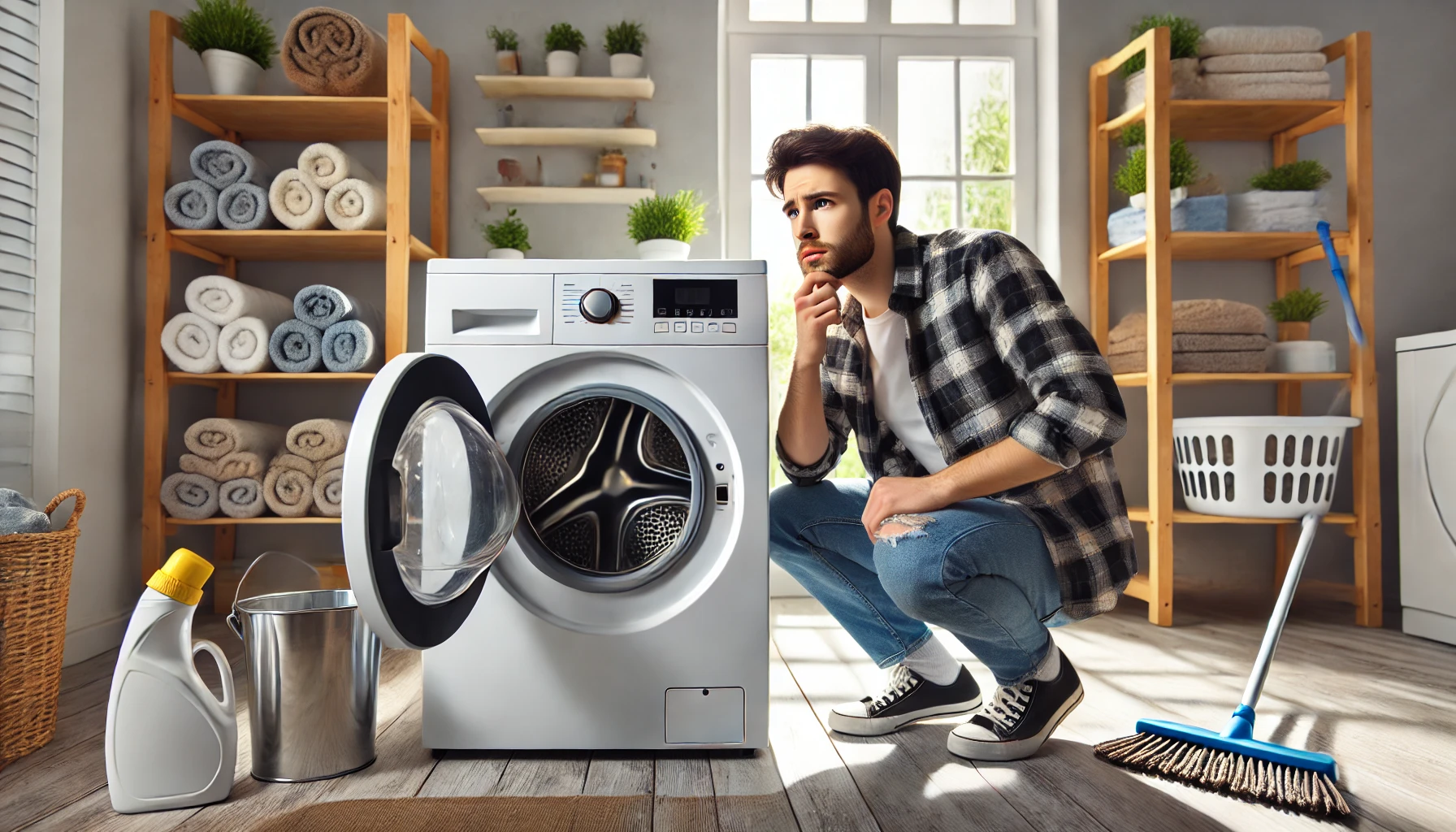 Image of homeowner dealing with a washer failure.