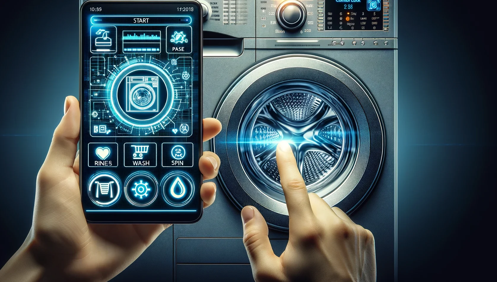 Hand holding a smartphone controlling a connected washing machine through a home automation app.