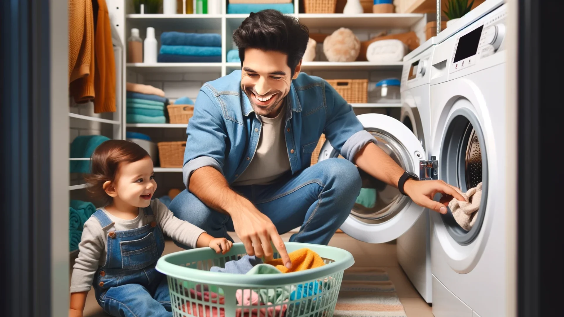 A father and his daughter enjoying doing the laundry together.