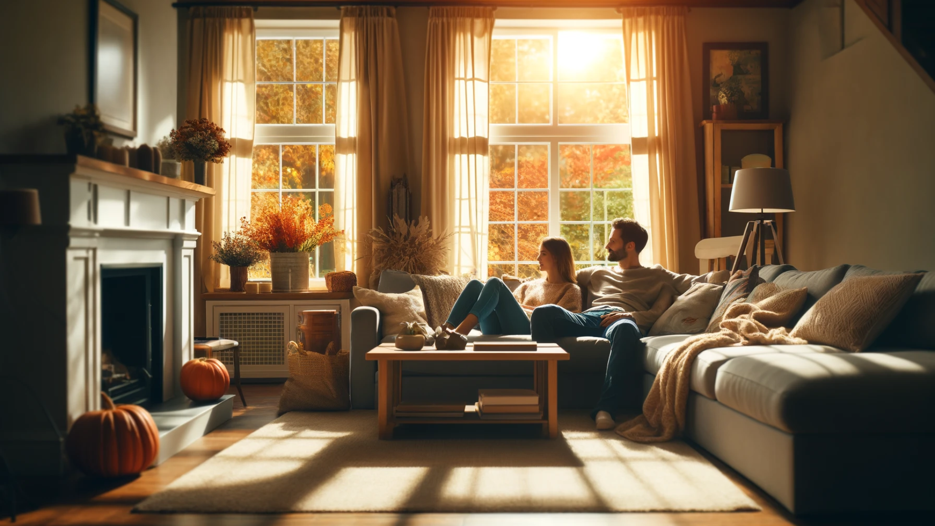 A happy couple relaxes in the warm, cozy living room on an early fall afternoon.