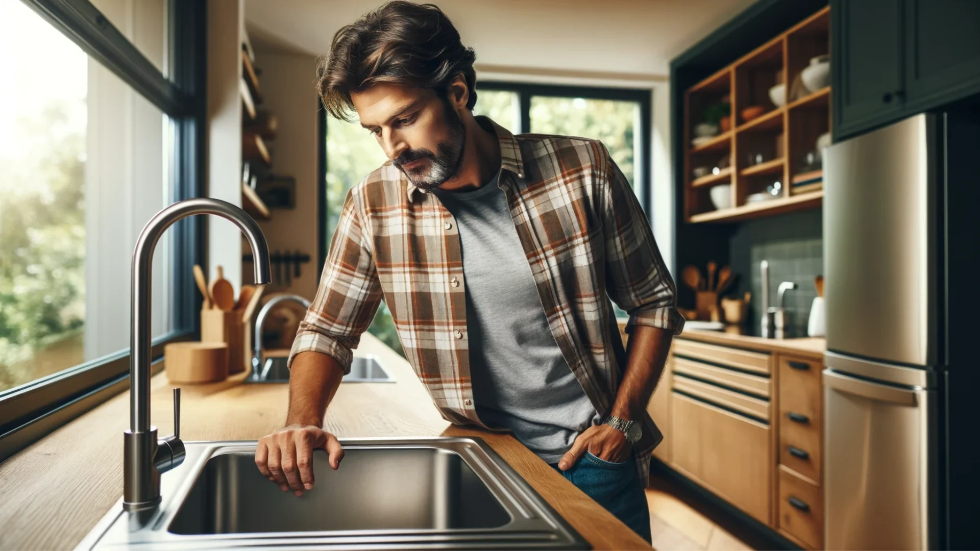 A focused homeowner examines his kitchen sink, checking for any garbage disposal issues in a bright, modern kitchen setting.