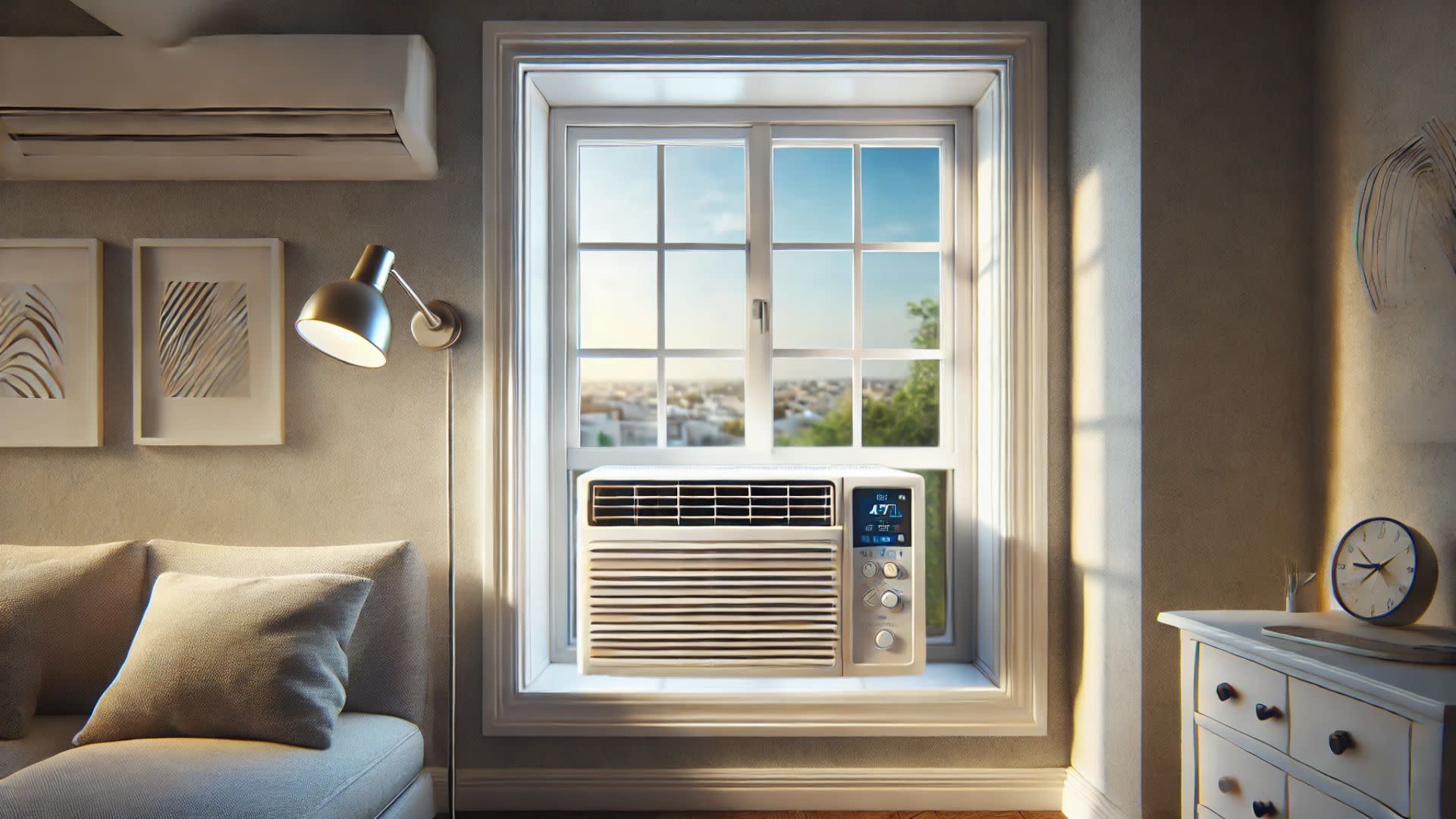 A window air conditioner on a warm day keeps the air inside cool.