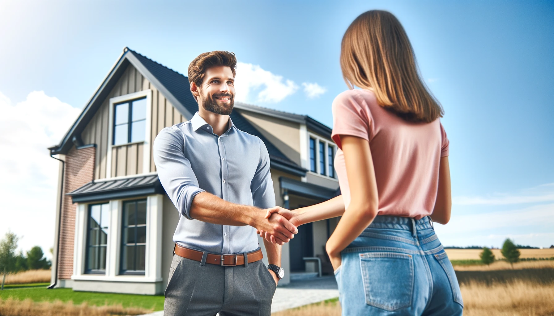 Sears HVAC expert shakes hands with woman in pink shirt in front of new AC units