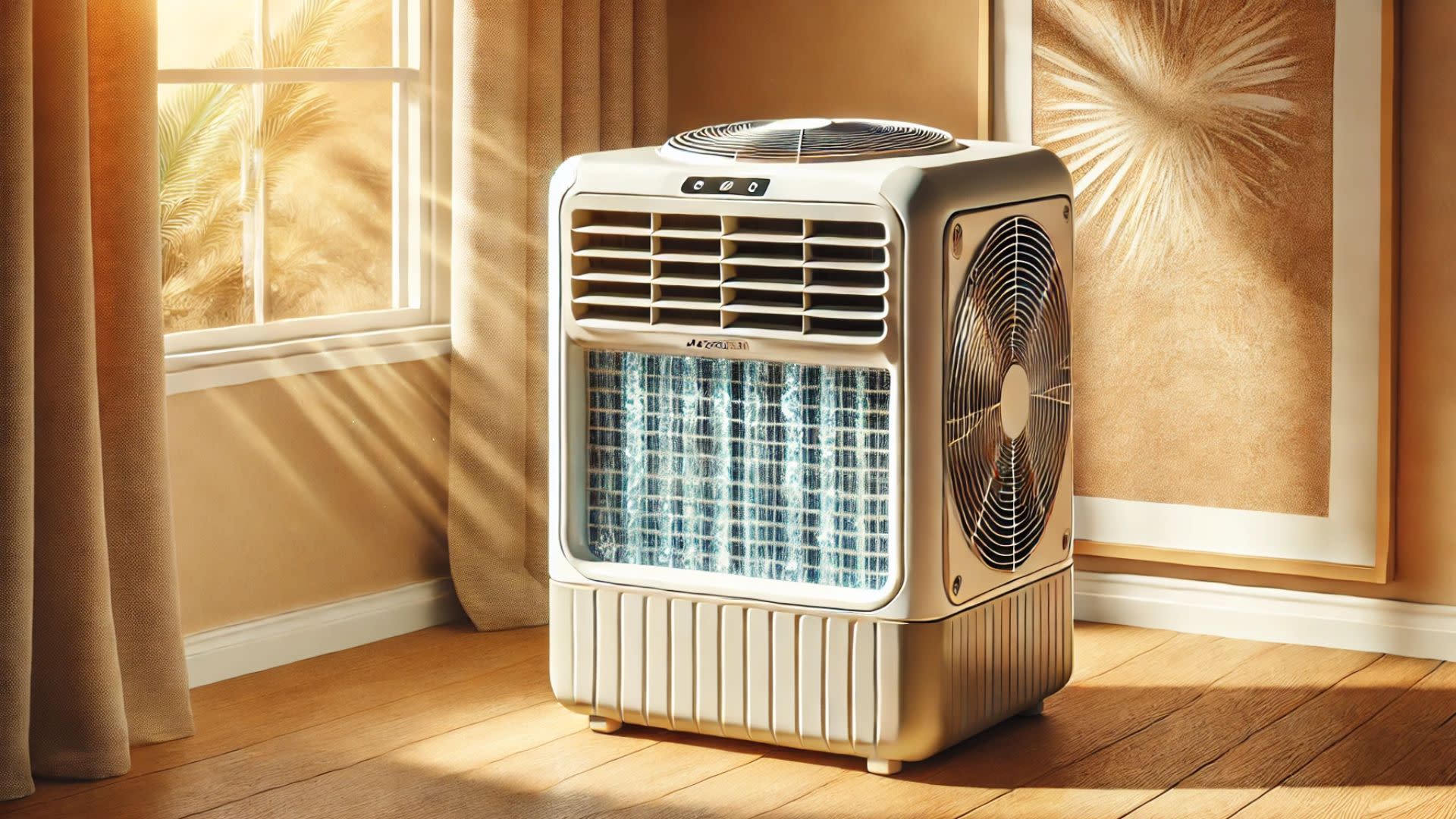 A small evaporative cooler inside a home works to cool the space in hot, dry climates.