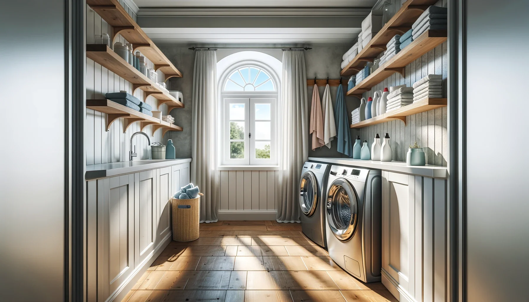 A light, functional and airy laundry room after learning how to clean a washing machine and dryer.