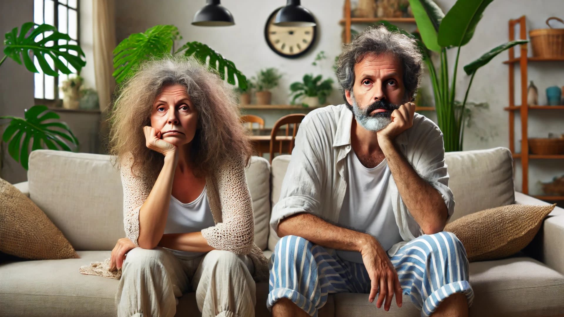 A couple sitting in their living room, uncomfortable because of the high humidity.