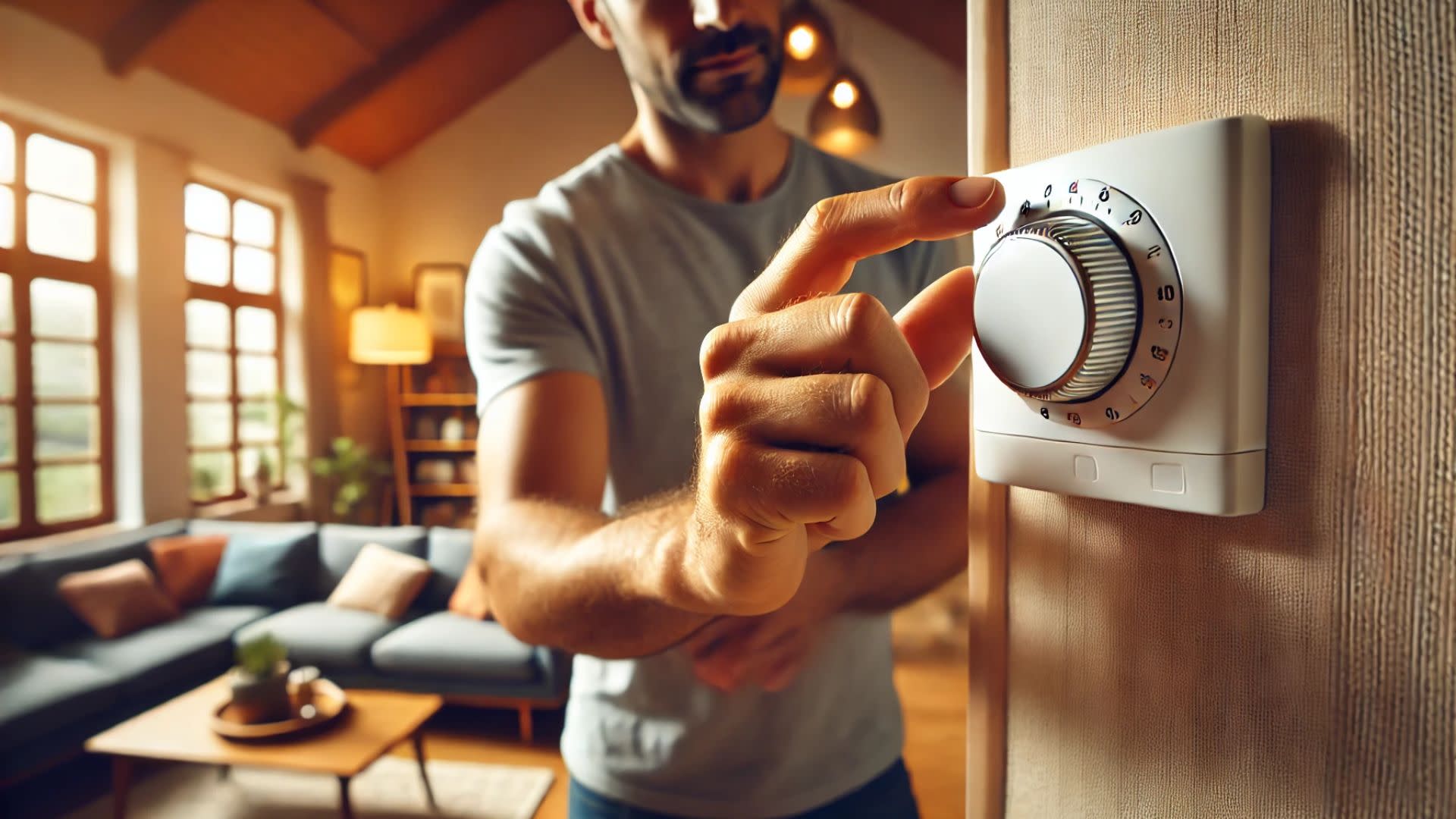 A homeowner adjusts a the temperature on a manual wall thermostat.