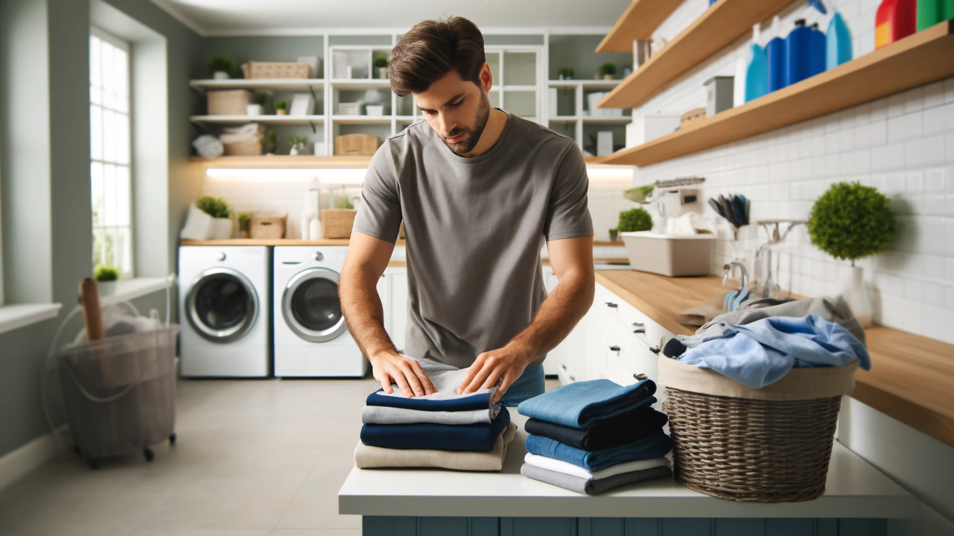 A homeowner folds his clean laundry fresh out of his dryer.