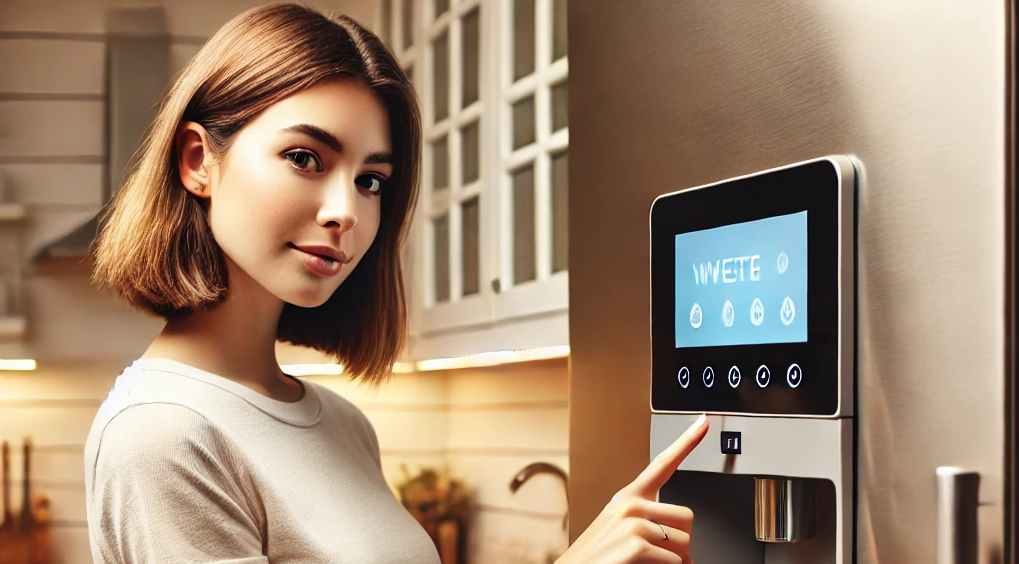 Image of a homeowner using a refrigerator touch pad.